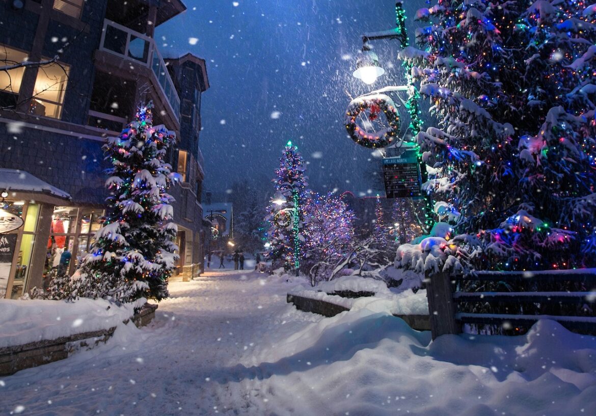 Into the spirit of the season on Christmas Vacation taking in the magic of Whistler Village on a snowy evening.