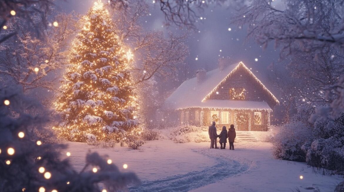 The hidden blessings of Christmas, family outside in a winter wonder land at lit up cottage alongside a towering spruce decked with lights.